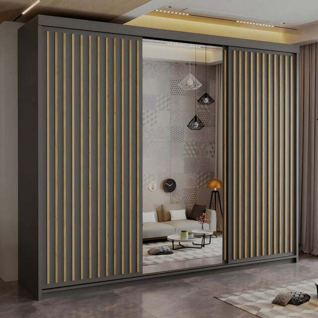 Sliding Wardrobes 4U Royal 3 Door Grey Weave Minimalist Mirrored Wardrobe 250cm - Wilko - image 1