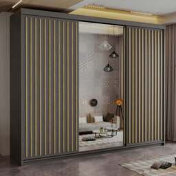 Sliding Wardrobes 4U Royal 3 Door Grey Weave Minimalist Mirrored Wardrobe 250cm - Wilko