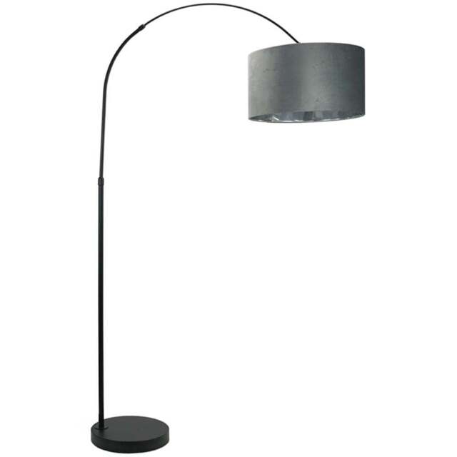 ValueLights Louis Black Arched LED Floor Lamp with Grey and Chrome Velvet Drum Lamp Shade - Size: 180 x 45 x 105cm - Wilko - image 1