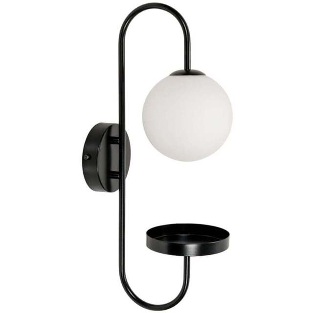 ValueLights Milo Frosted Glass Globe Shade Curved Matte Black Wall Light with Shelf and Bulb - Size: 53 x 15 x 24cm - Wilko - image 1