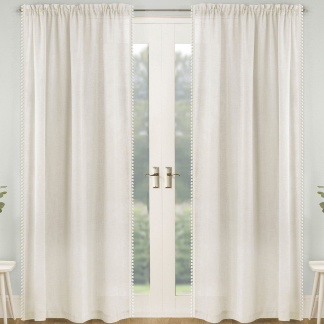 Tyrone Textiles Tahiti Cream Linen Look Pom Pom Trim Rod Pocket Voile Panel Curtains 140 x 183cm - Size: W 140 x D 183cm - Wilko - image 1