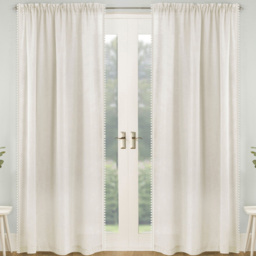 Tyrone Textiles Tahiti Cream Linen Look Pom Pom Trim Rod Pocket Voile Panel Curtains 140 x 183cm - Size: W 140 x D 183cm - Wilko - thumbnail 1