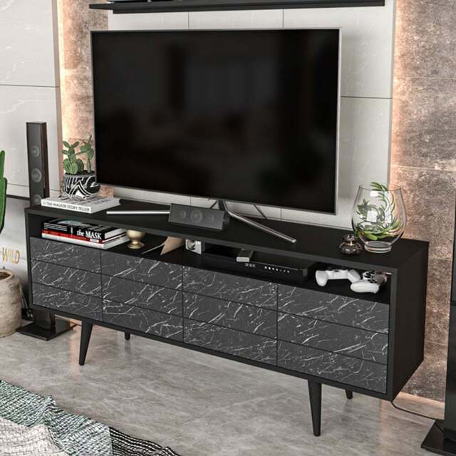 Decorotika Ola Single Door Single Shelf Black Marble and Black TV Unit with Wall Shelf - Size: 61 x 160 x 30cm - Wilko - image 1