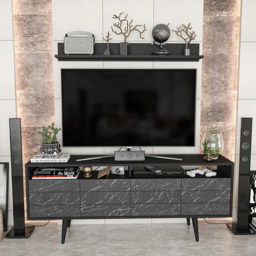 Decorotika Ola Single Door Single Shelf Black Marble and Black TV Unit with Wall Shelf - Size: 61 x 160 x 30cm - Wilko - thumbnail 7