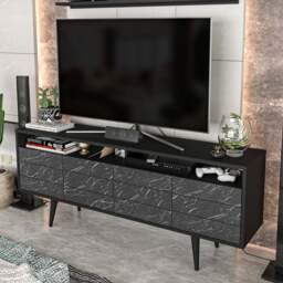 Decorotika Ola Single Door Single Shelf Black Marble and Black TV Unit with Wall Shelf - Size: 61 x 160 x 30cm - Wilko