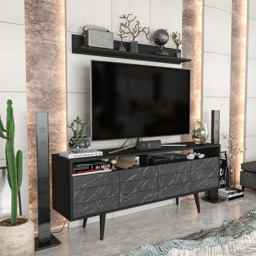 Decorotika Ola Single Door Single Shelf Black Marble and Black TV Unit with Wall Shelf - Size: 61 x 160 x 30cm - Wilko - thumbnail 4
