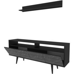 Decorotika Ola Single Door Single Shelf Black Marble and Black TV Unit with Wall Shelf - Size: 61 x 160 x 30cm - Wilko - thumbnail 6