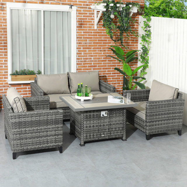 Outsunny 4 Seater Grey Rattan Patio Furniture Set with Gas Fire Pit Table - Wilko - image 1
