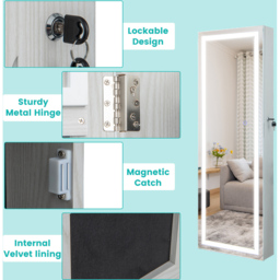 Costway White LED Mirror Jewellery Cabinet with Lockable Magnetic Door - Size: 40 x 12.5 x 120cm - Wilko - thumbnail 5