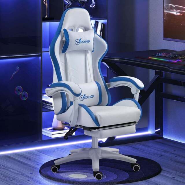 Portland Blue Racing Style Gaming Chair with Reclining Footrest - Size: 129 x 65 x 65cm - Wilko - image 1