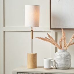 Pacific Lifestyle Bonham White Fabric Shade Natural Wood Veneer and Silver Metal Table Lamp - Size: 68 x 17 x 17cm - Wilko - thumbnail 3