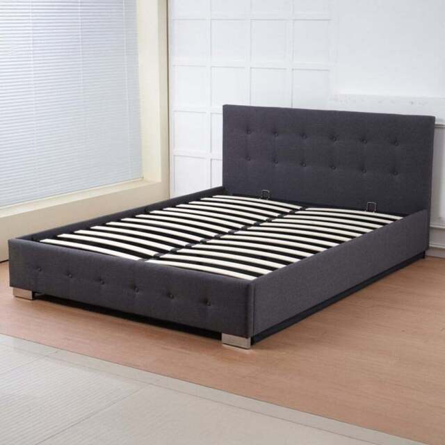 Indoor Living The Oslo King Size Charcoal Linen Gas Lift Ottoman Bed Frame with Tufted Headboard - Grey - Wilko - image 1