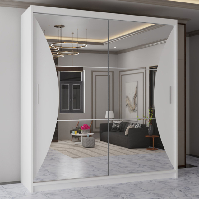 Sliding Wardrobes 4U California 2 Door White Wide Curved Mirrored Wardrobe 203cm - Wilko - image 1