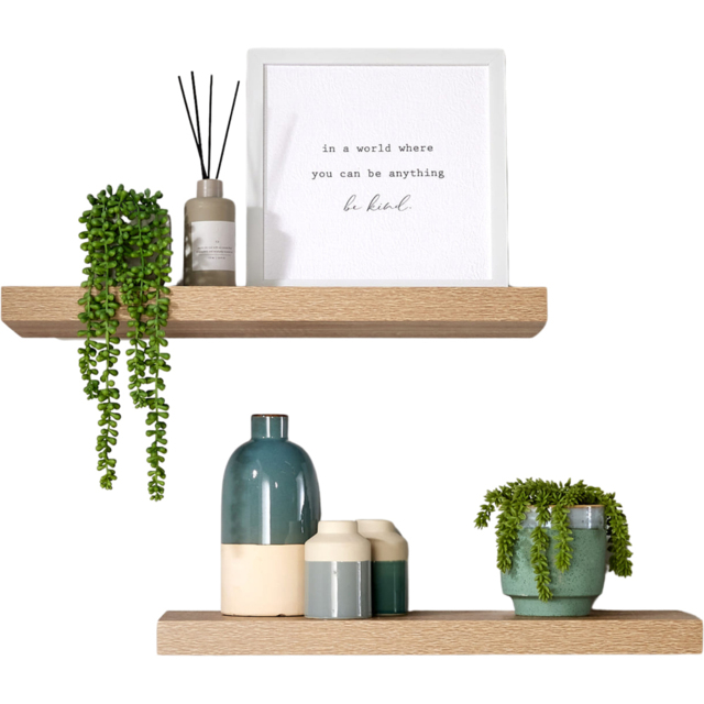 Home Source Cloud 60cm Oak Finish Floating Wall Shelf Set of 2 - Size: 3.8 x 23.5 x 60cm - Brown - Wilko - image 1