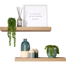 Home Source Cloud 60cm Oak Finish Floating Wall Shelf Set of 2 - Size: 3.8 x 23.5 x 60cm - Brown - Wilko - thumbnail 1