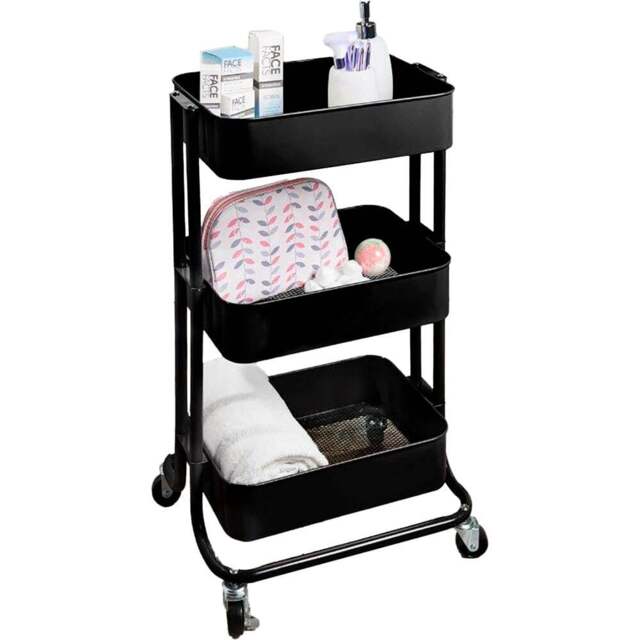Matt Black 3 Tier Storage Trolley - Size: 42 x 75 x 34cm - Matte Black - Wilko - image 1