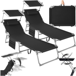 tectake Set of 2 Black Foldable Sun Loungers with Sun Canopy - Size: 111 x 68 x 161cm - Wilko - thumbnail 3