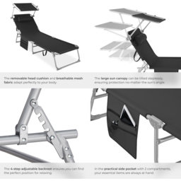 tectake Set of 2 Black Foldable Sun Loungers with Sun Canopy - Size: 111 x 68 x 161cm - Wilko - thumbnail 6