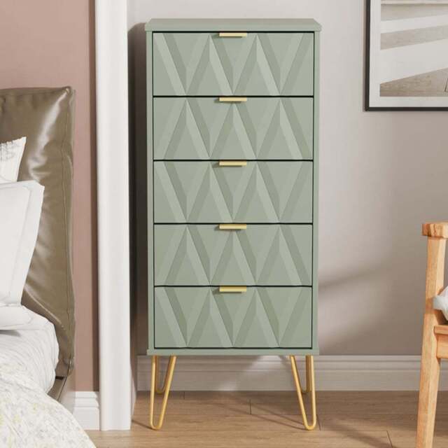 Crowndale Diamond 5 Drawer Reed Green Tall Bedside Cabinet Ready Assembled - Wilko - image 1