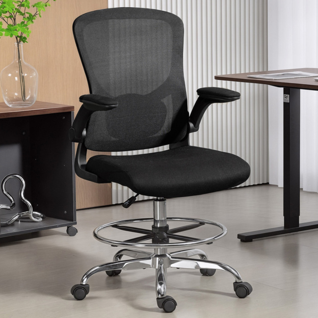 Portland Black Height Adjustable Swivel Draughtsman Chair with Lumbar Support - Size: 132 x 60 x 60cm - Wilko - image 1
