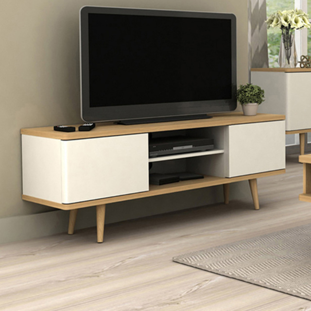 Loft24 Alandra 2 Door 2 Shelf White Oak TV Stand - Size: 52 x 140 x 39cm - Oak/ White cream - Wilko - image 1