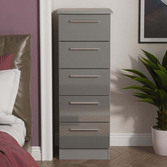 Crowndale Knightsbridge 5 Drawer Grey Gloss and Dusk Grey Tall Bedside Cabinet Ready Assembled - Grey Gloss & Dusk Grey - Wilko - image 1
