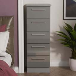 Crowndale Knightsbridge 5 Drawer Grey Gloss and Dusk Grey Tall Bedside Cabinet Ready Assembled - Grey Gloss & Dusk Grey - Wilko