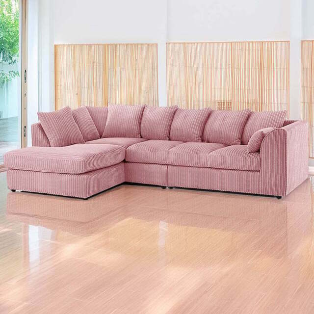 Luxor 4 Seater Pink Jumbo Cord Left Hand Facing Scatter Back L Shaped Corner Sofa Set - Wilko - image 1