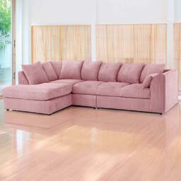 Luxor 4 Seater Pink Jumbo Cord Left Hand Facing Scatter Back L Shaped Corner Sofa Set - Wilko