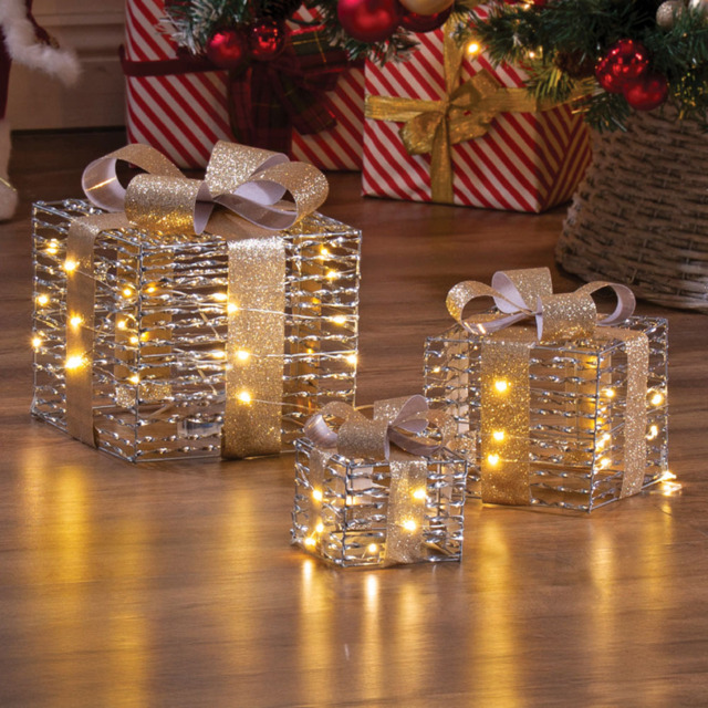 The Christmas Workshop 60 Warm White LED Silver Gift Box Decoration Set of 3 - Size: 22 x 20 x 20cm - Wilko - image 1