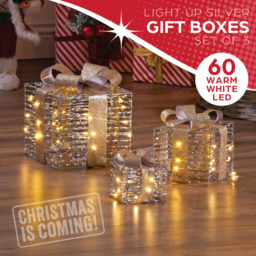 The Christmas Workshop 60 Warm White LED Silver Gift Box Decoration Set of 3 - Size: 22 x 20 x 20cm - Wilko - thumbnail 5