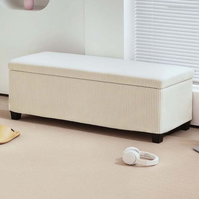 HOMCOM Beige Storage Ottoman Bench with Lid - Size: 40 x 42 x 112cm - White - Wilko - image 1