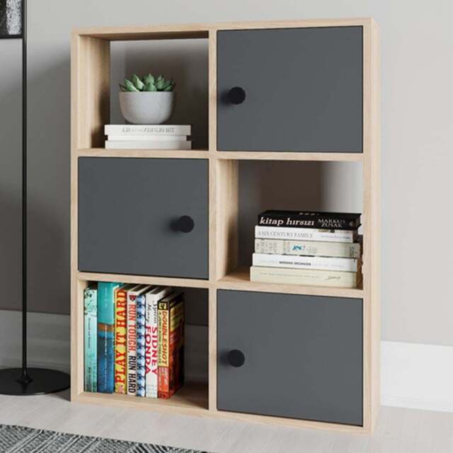 Decorotika Tilton 3 Door 3 Open Shelf Oak and Anthracite Bookcase - Size: 93 x 25.4 x 73cm - Multi - Wilko - image 1