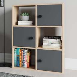 Decorotika Tilton 3 Door 3 Open Shelf Oak and Anthracite Bookcase - Size: 93 x 25.4 x 73cm - Multi - Wilko