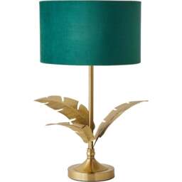 ValueLights Christina Green Velvet and Gold Palm Leaf Table Lamp with Bulb - Size: 47.5 x 29 x 29cm - Wilko