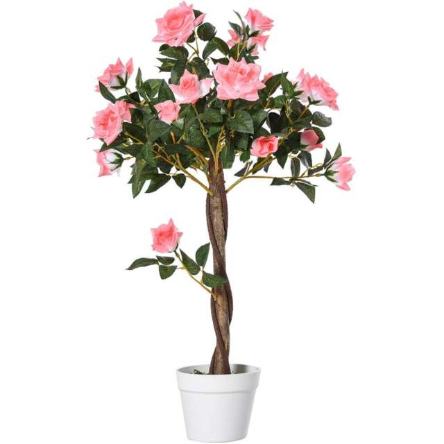 Outsunny Pink Flowers Rose Tree Artificial Plant In Pot 3ft - Multi - Wilko - image 1