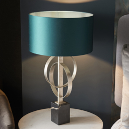 Merano Trento Antique Silver and Teal Satin Fabric Table Lamp - Size: 38 x 38 x 66cm - Wilko - thumbnail 6
