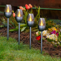 Garden Mile 4 Pack Flame Effect Solar Power LED Stake Light - Size: 30 x 15 x 15cm - Silver - Wilko - thumbnail 6