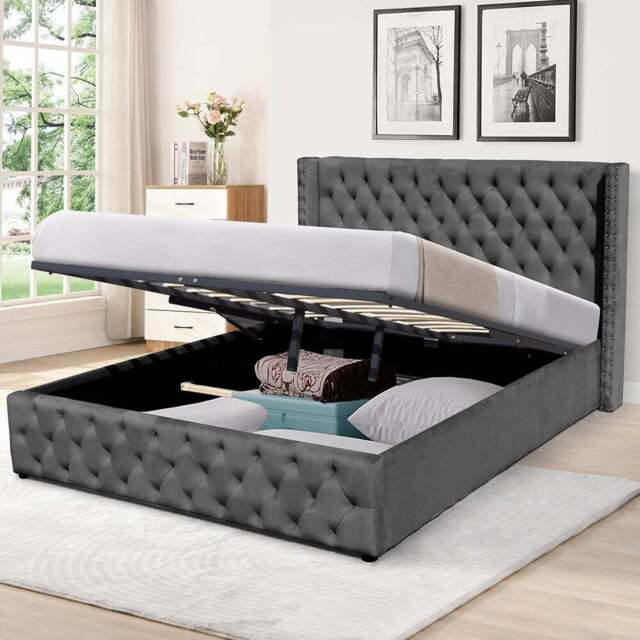 Brooklyn Double Dark Grey Plush Velvet Ottoman Bed with Winged Headboard - Wilko - image 1