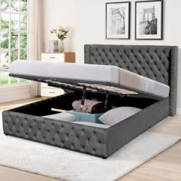 Brooklyn Double Dark Grey Plush Velvet Ottoman Bed with Winged Headboard - Wilko - thumbnail 1
