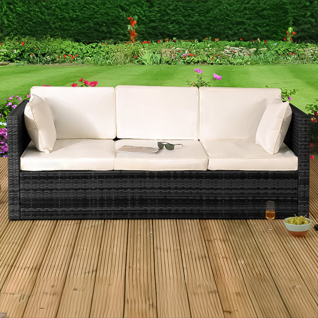Brooklyn 3 Seater Black Rattan Sun Lounger Storage Sofa - Size: 100 x 100 x 74cm - Wilko - image 1