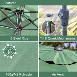 GardenKraft Dark Green 6 Ribs Crank and Tilt Parasol 2.7m - Wilko - thumbnail 6