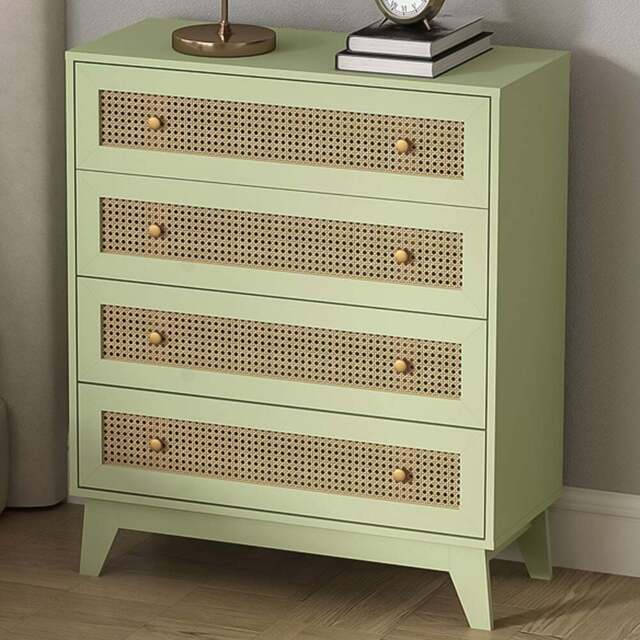 HOMCOM 4 Drawer Light Green Rattan Chest of Drawers - Wilko - image 1