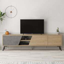 Decortie Fiona 3 Door 2 Shelf Retro Grey and Oak TV Unit - Size: 48.0  x 180.0  x 35.6 cm - Multi - Wilko