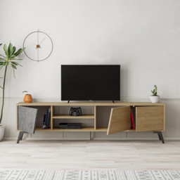 Decortie Fiona 3 Door 2 Shelf Retro Grey and Oak TV Unit - Size: 48.0  x 180.0  x 35.6 cm - Multi - Wilko - thumbnail 6
