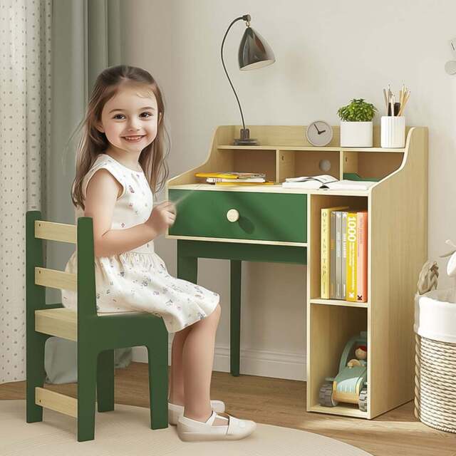 AIYAPLAY Single Drawer Green Kids Desk and Chair Set - Size: 96 x 50 x 80.4cm - Wilko - image 1