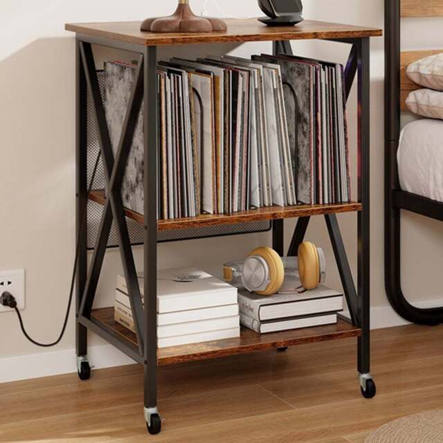 Costway 2 Shelf Rustic Brown Turntable Record Player Stand with Charging Station and Divider - Size: 52 x 45 x 75cm - Wilko - image 1