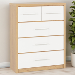 Seconique Seville 5 Drawer White Gloss Light Oak Effect Veneer Chest of Drawers - Wilko - thumbnail 1