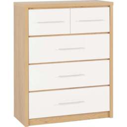 Seconique Seville 5 Drawer White Gloss Light Oak Effect Veneer Chest of Drawers - Wilko - thumbnail 3