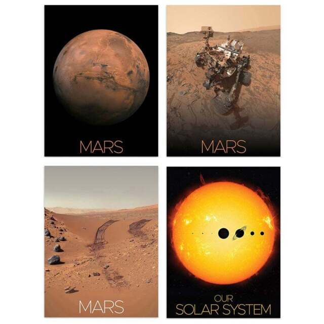 Artery8 NASA Solar System Sun and Mars Curiosity Rover Red Wall Art Print 30 x 41cm 4 Pack - Size: 40.5 x 30.5 x 0.3cm - Multi - Wilko - image 1